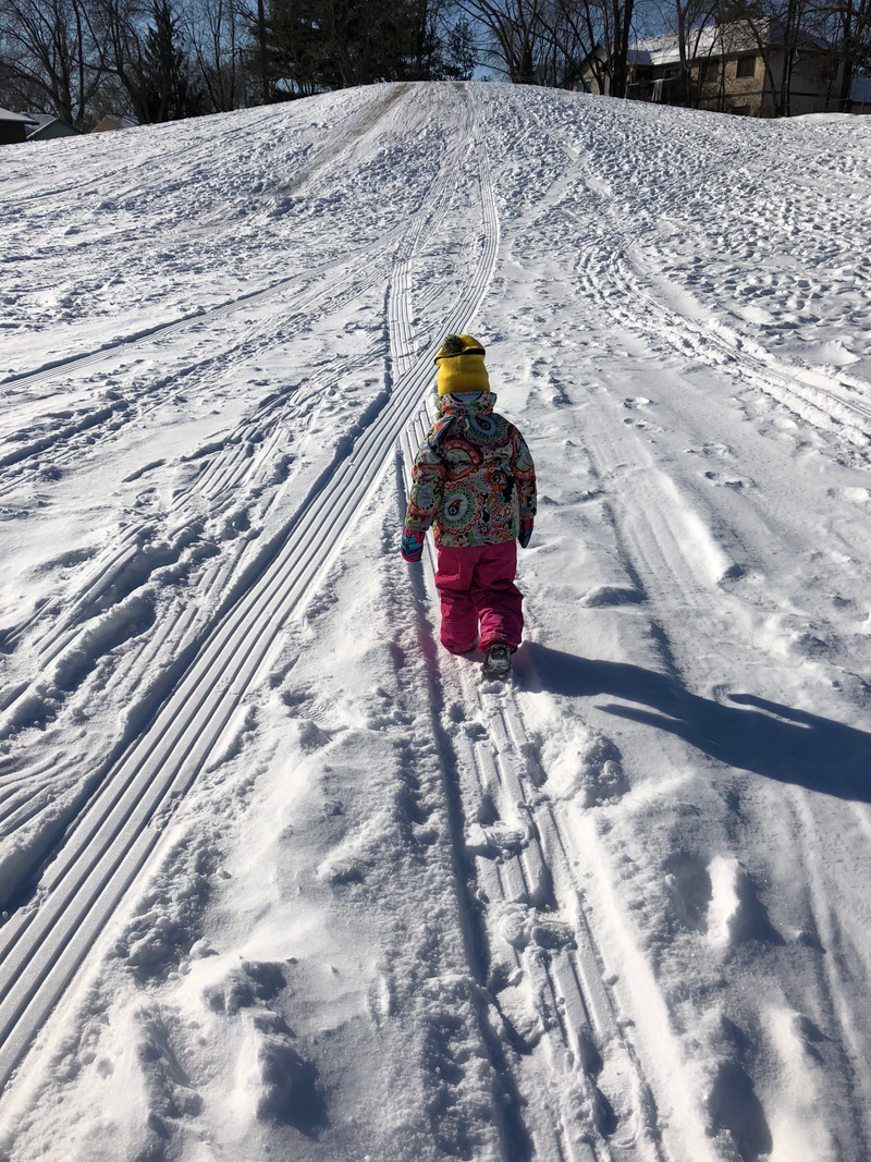 My 3 year old stomping up the hill for another time in -5 degree weather